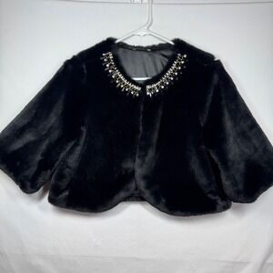 Haani Black Faux Fur Cropped Shrug with Jeweled Collar
